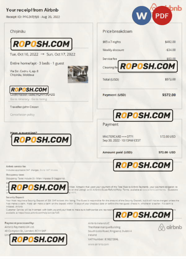 Moldova Airbnb booking confirmation Word and PDF template