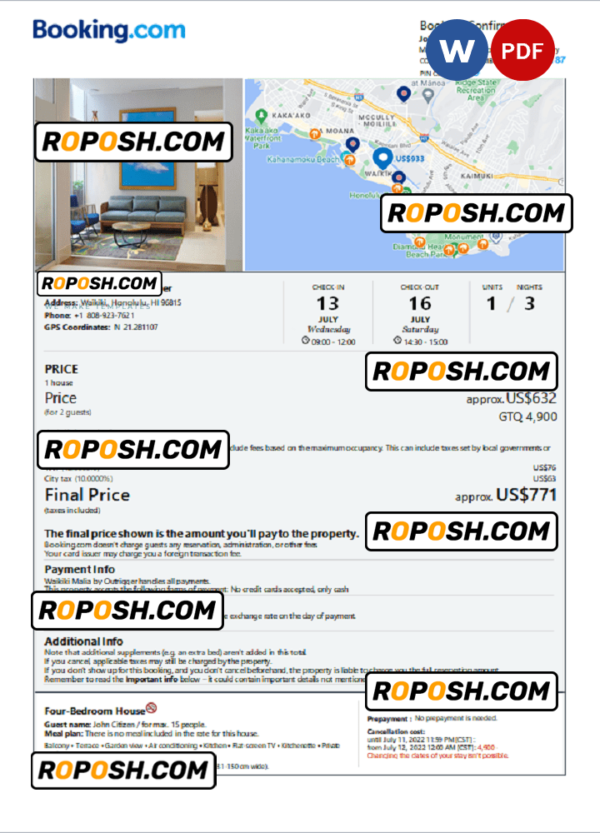 Hawaii hotel booking confirmation Word and PDF template, 2 pages