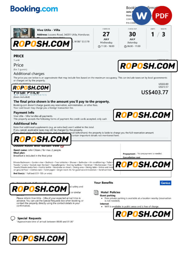 Honduras hotel booking confirmation Word and PDF template, 2 pages