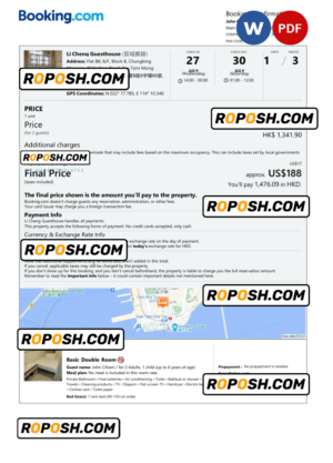 Hong Kong hotel booking confirmation Word and PDF template, 2 pages