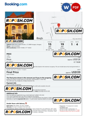 Hungary hotel booking confirmation Word and PDF template, 2 pages