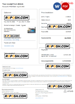 Botswana Airbnb booking confirmation Word and PDF template