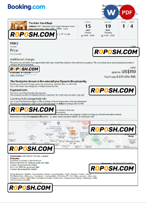India hotel booking confirmation Word and PDF template, 2 pages