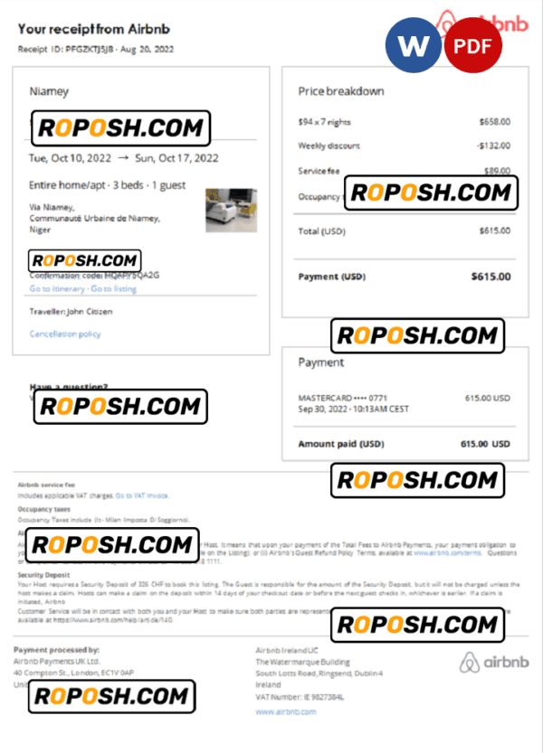 Niger Airbnb booking confirmation Word and PDF template