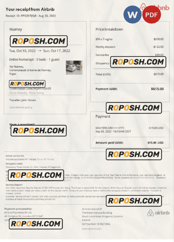 Niger Airbnb booking confirmation Word and PDF template