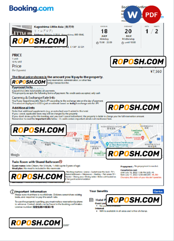 Japan hotel booking confirmation Word and PDF template, 2 pages
