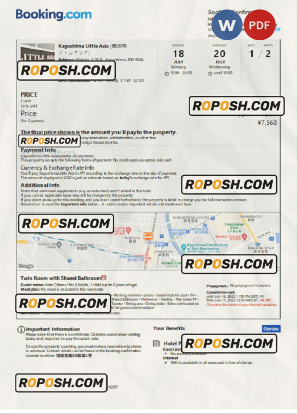 Japan hotel booking confirmation Word and PDF template, 2 pages scan effect
