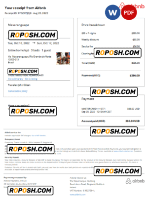 Brazil Airbnb booking confirmation Word and PDF template