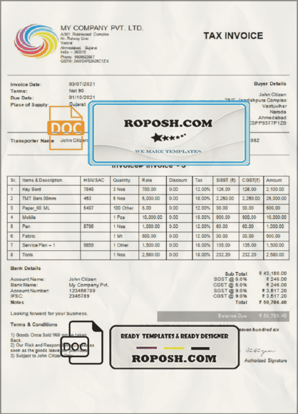 India My Company Pvt Ltd invoice template in Word and PDF format, fully editable