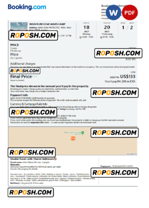 Jordan hotel booking confirmation Word and PDF template, 2 pages
