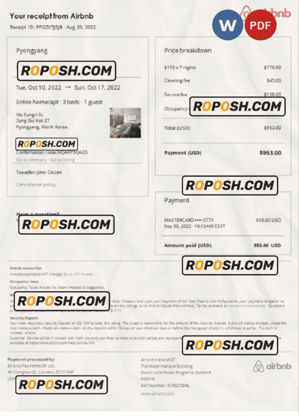North Korea Airbnb booking confirmation Word and PDF template