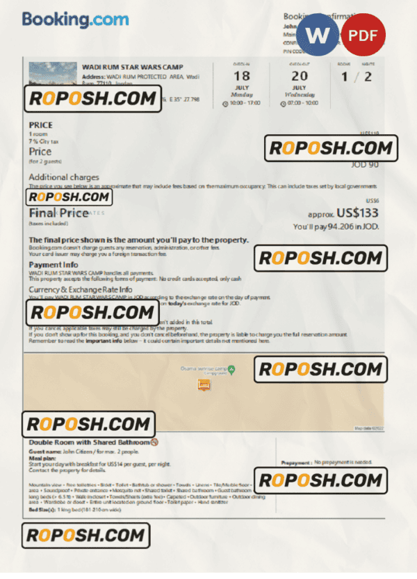 Jordan hotel booking confirmation Word and PDF template, 2 pages