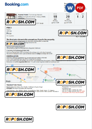 Kazakhstan hotel booking confirmation Word and PDF template, 2 pages