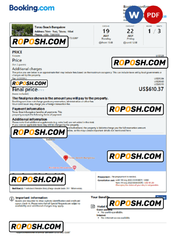 Kiribati hotel booking confirmation Word and PDF template, 2 pages