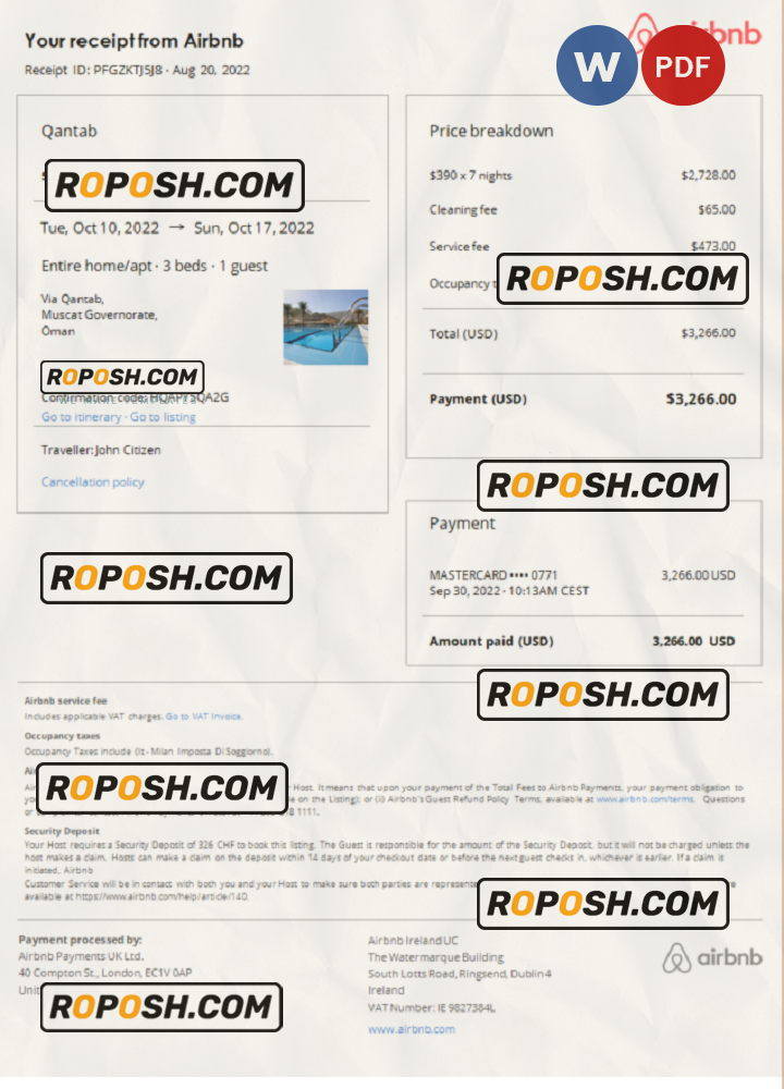 Oman Airbnb booking confirmation Word and PDF template scan effect