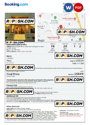 Kuwait hotel booking confirmation Word and PDF template, 2 pages