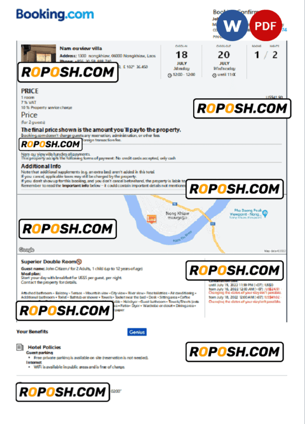 Laos hotel booking confirmation Word and PDF template, 2 pages