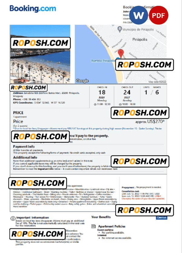Uruguay hotel booking confirmation Word and PDF template, 2 pages
