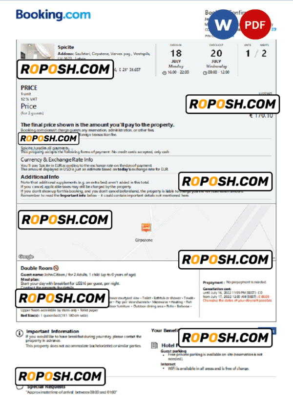 Latvia hotel booking confirmation Word and PDF template, 2 pages