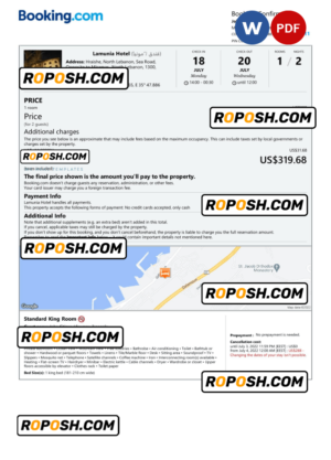 Lebanon hotel booking confirmation Word and PDF template, 2 pages