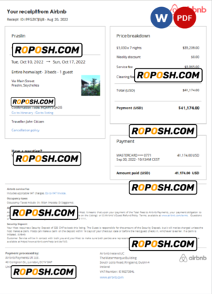 Seychelles Airbnb booking confirmation Word and PDF template