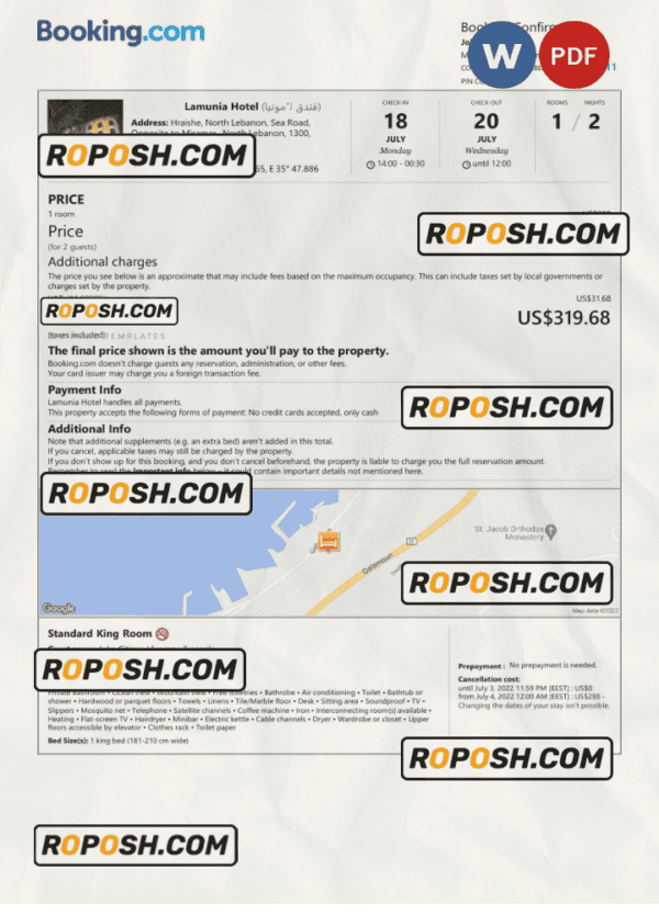Lebanon hotel booking confirmation Word and PDF template, 2 pages