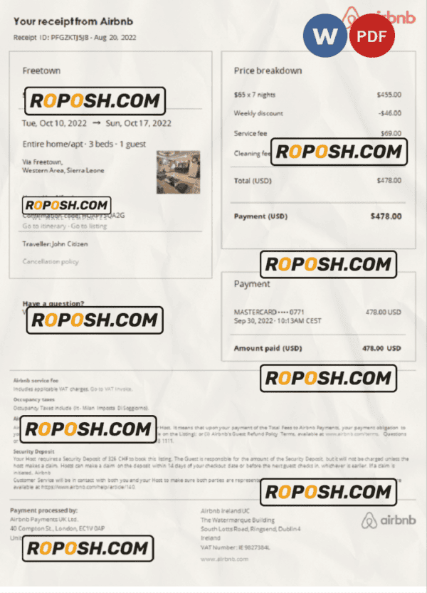 Sierra Leone Airbnb booking confirmation Word and PDF template