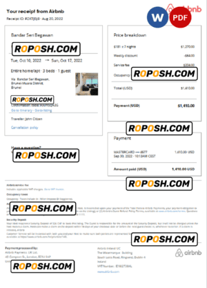 Brunei Airbnb booking confirmation Word and PDF template