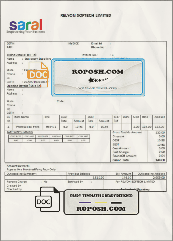 India Saral cooperative altimetry technology mission invoice template in Word and PDF format, fully editable