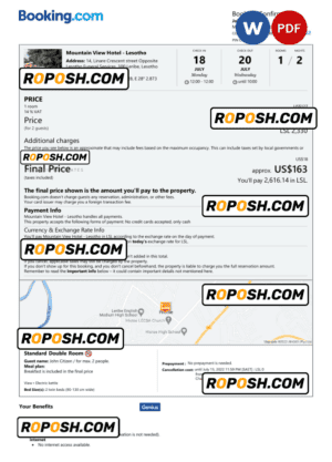 Lesotho hotel booking confirmation Word and PDF template, 2 pages