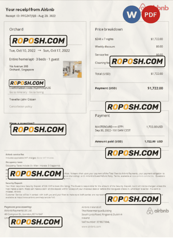 Singapore Airbnb booking confirmation Word and PDF template
