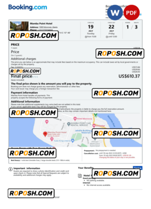 Liberia hotel booking confirmation Word and PDF template, 2 pages