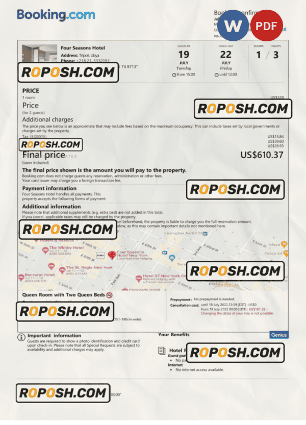 Libya hotel booking confirmation Word and PDF template, 2 pages
