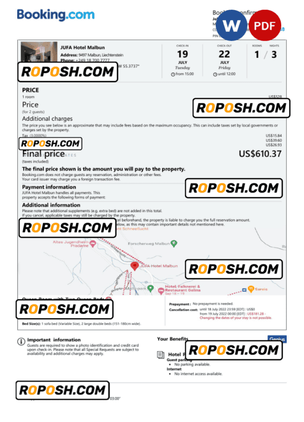 Liechtenstein hotel booking confirmation Word and PDF template, 2 pages