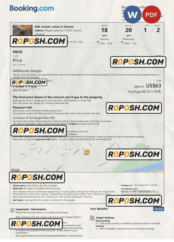 Lithuania hotel booking confirmation Word and PDF template, 2 pages