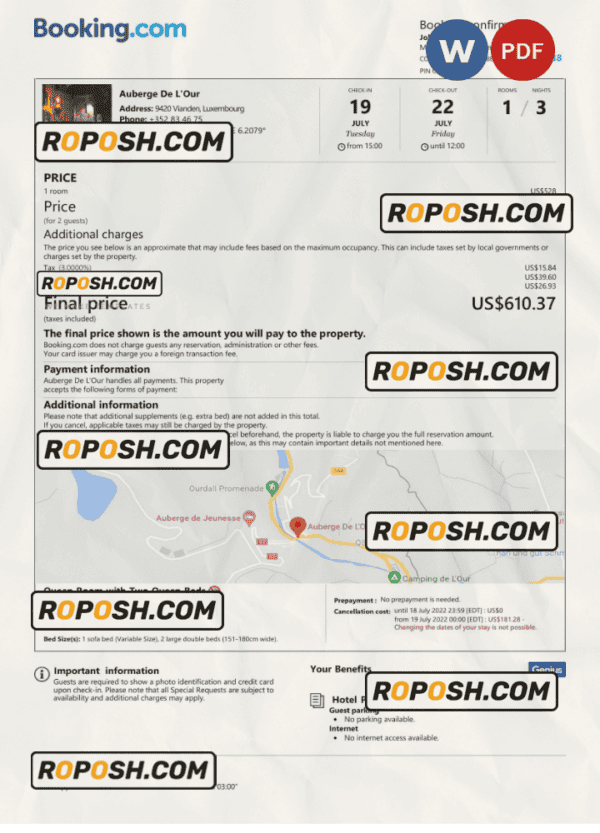 Luxembourg hotel booking confirmation Word and PDF template, 2 pages