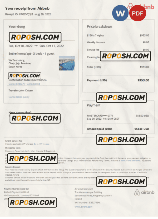 South Korea Airbnb booking confirmation Word and PDF template