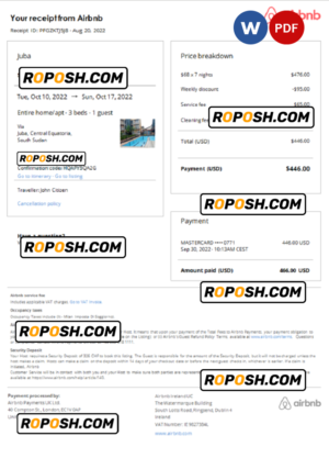 South Sudan Airbnb booking confirmation Word and PDF template