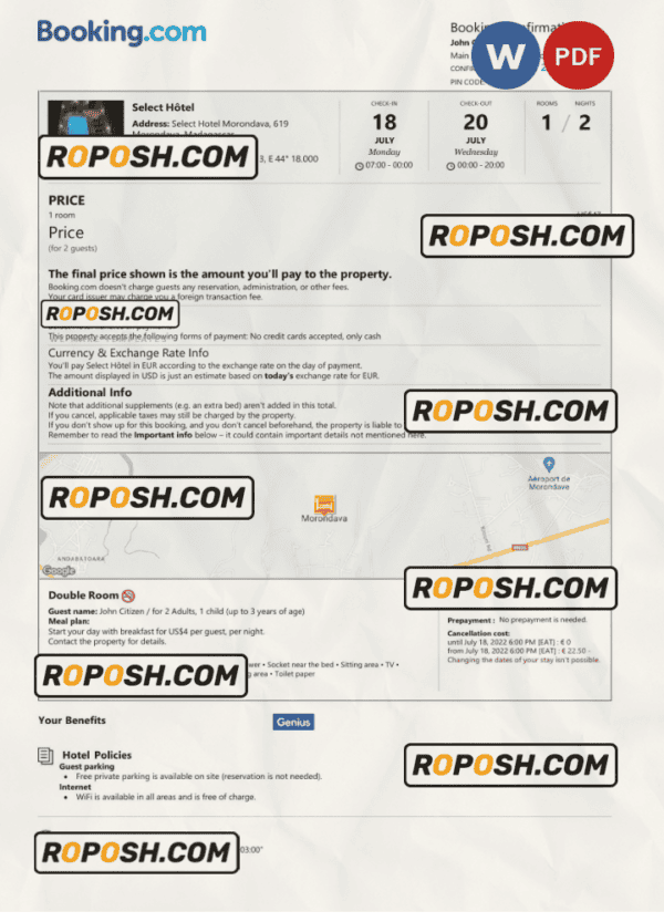 Madagascar hotel booking confirmation Word and PDF template, 2 pages