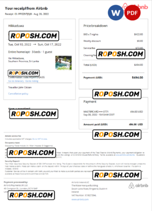 Sri Lanka Airbnb booking confirmation Word and PDF template