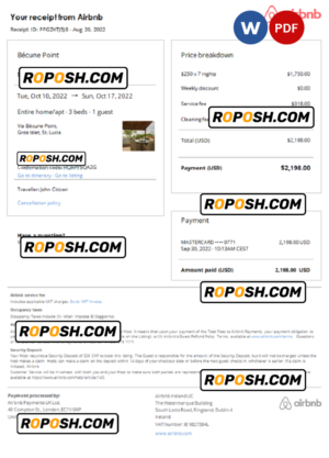 St. Lucia Airbnb booking confirmation Word and PDF template