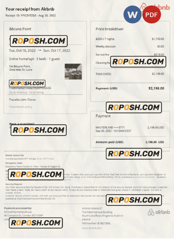 St. Lucia Airbnb booking confirmation Word and PDF template
