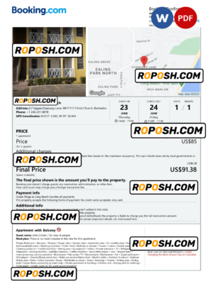 Barbados hotel booking confirmation Word and PDF template, 2 pages