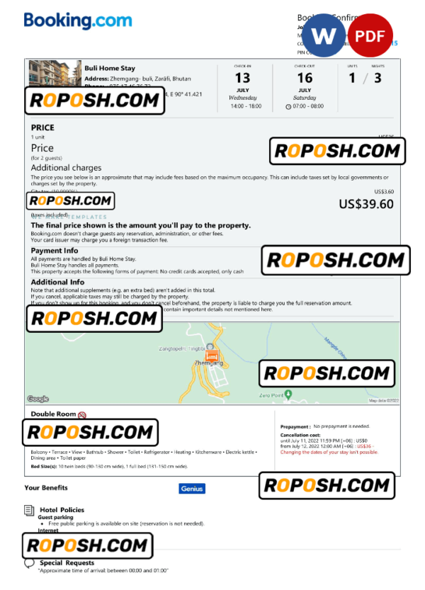 Bhutan hotel booking confirmation Word and PDF template, 2 pages