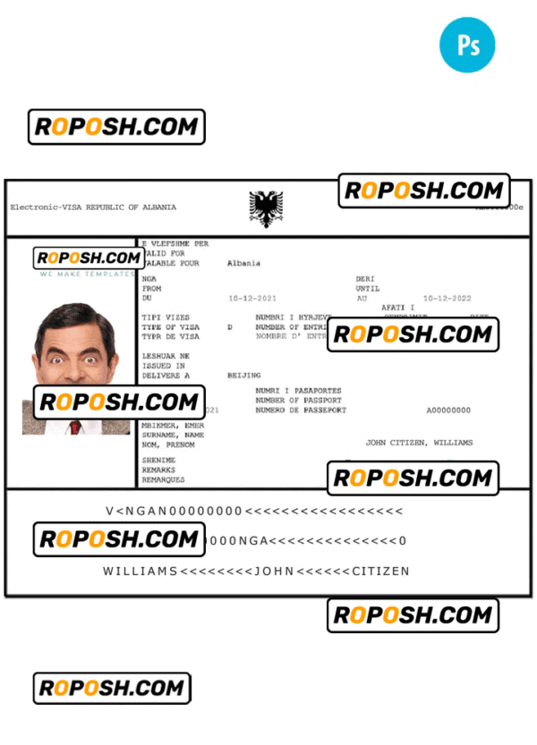 ALBANIA Electronic Visa PSD template, with fonts