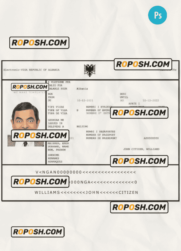 ALBANIA Electronic Visa PSD template, with fonts