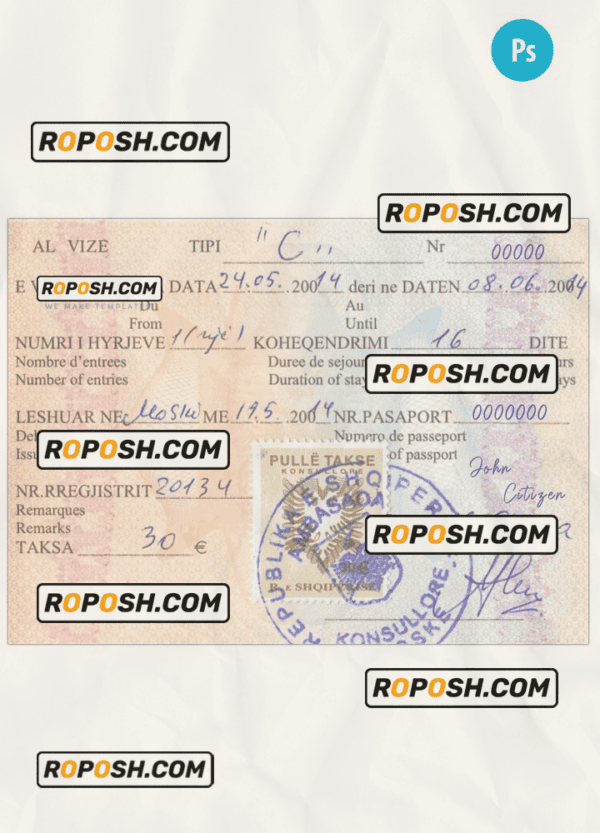 Albania visa PSD template, fully editable