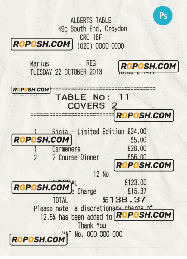 ALBERTS TABLE payment check PSD template
