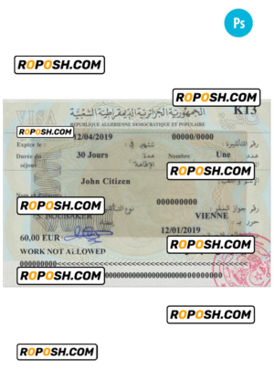 Algeria travel visa PSD template, with fonts