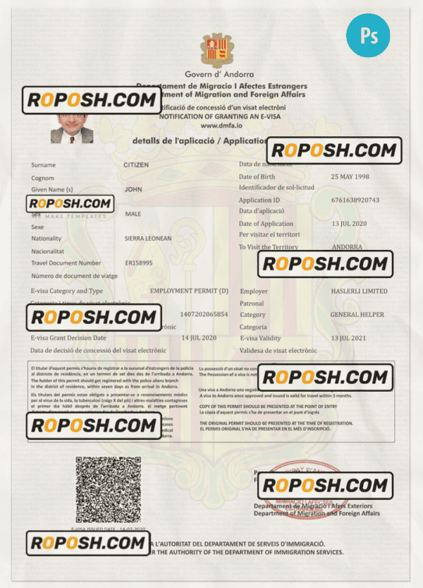 ANDORRA E-visa PSD template, completely editable, with fonts